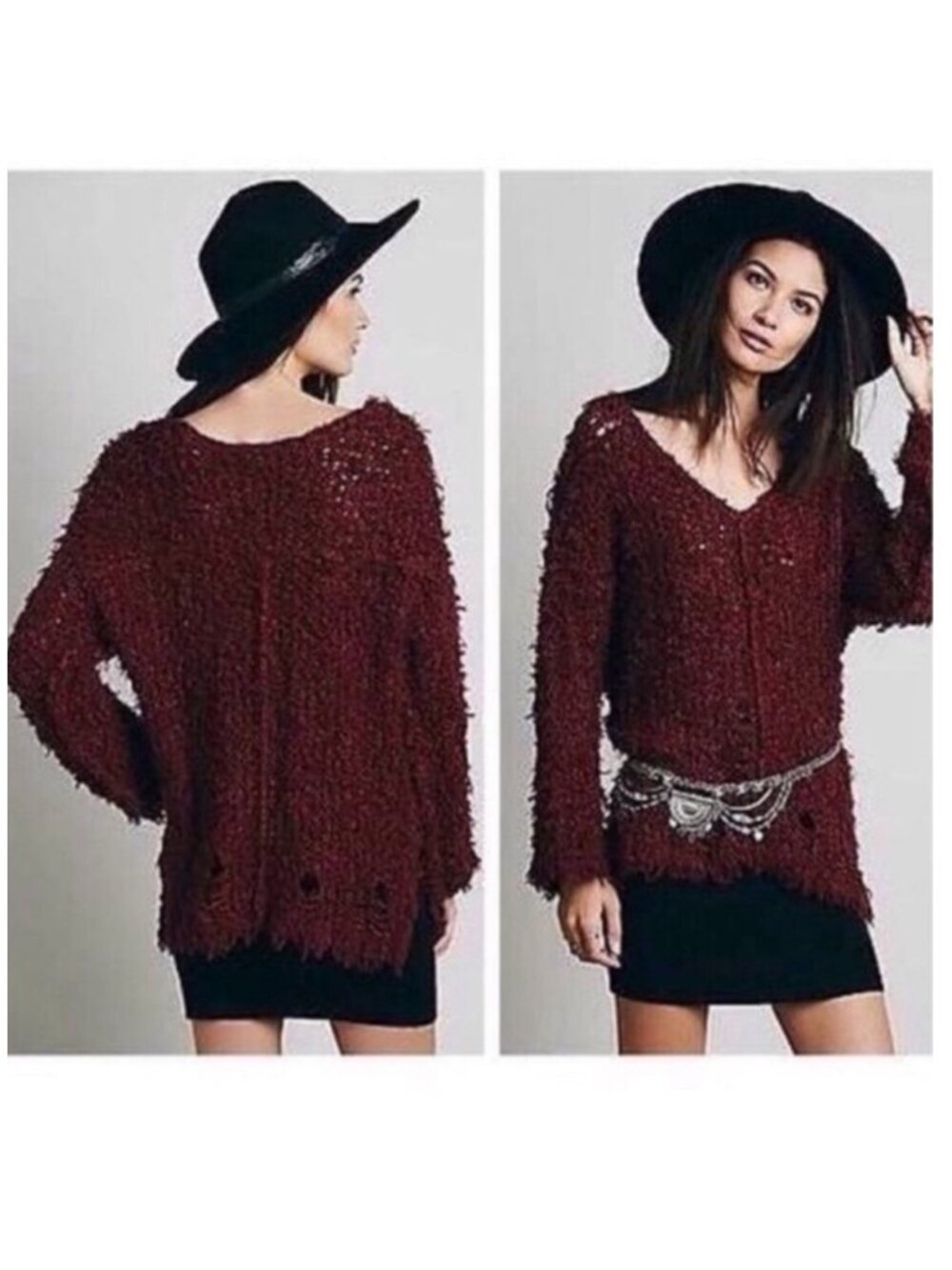 Free People Up the Ladder Distressed Sweater tunic burgundy wine cotton wool S